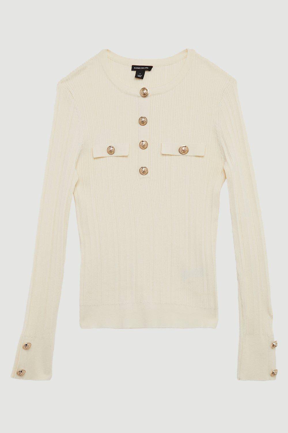 KarenMillen Haut en maille côtelée à manches longues à garniture militaire
