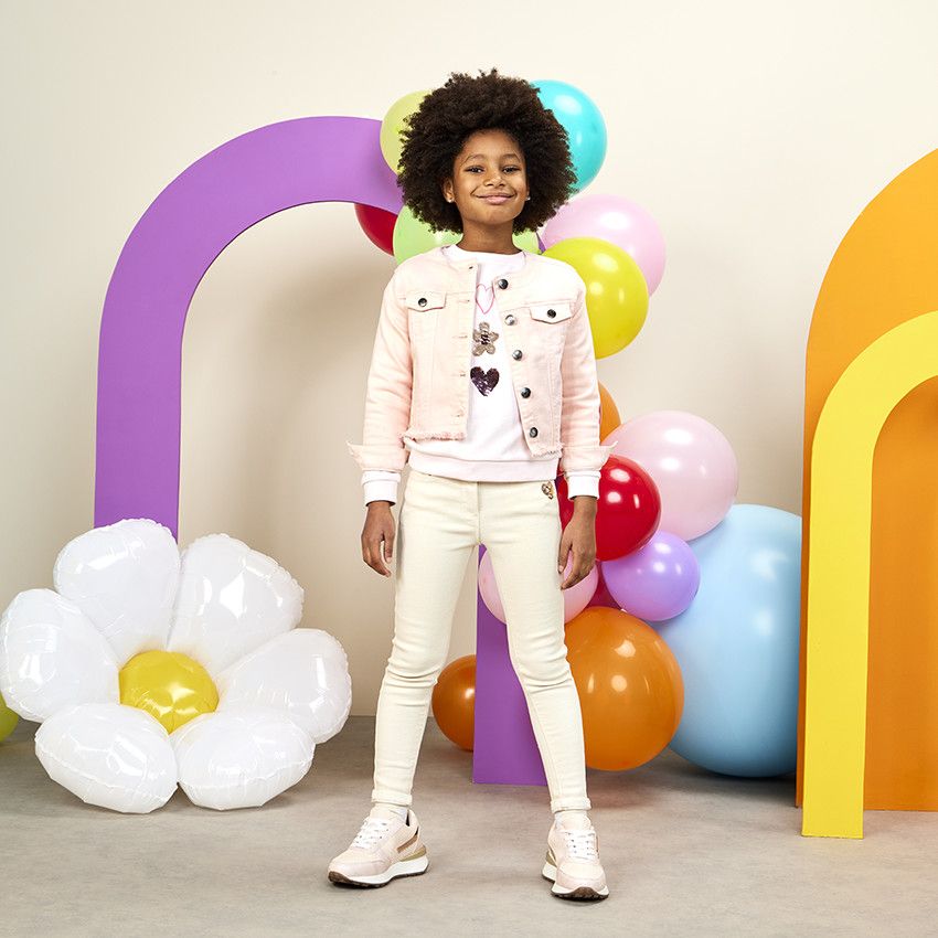 Veste en jean col rond et finition franges pour fille - Multicolore