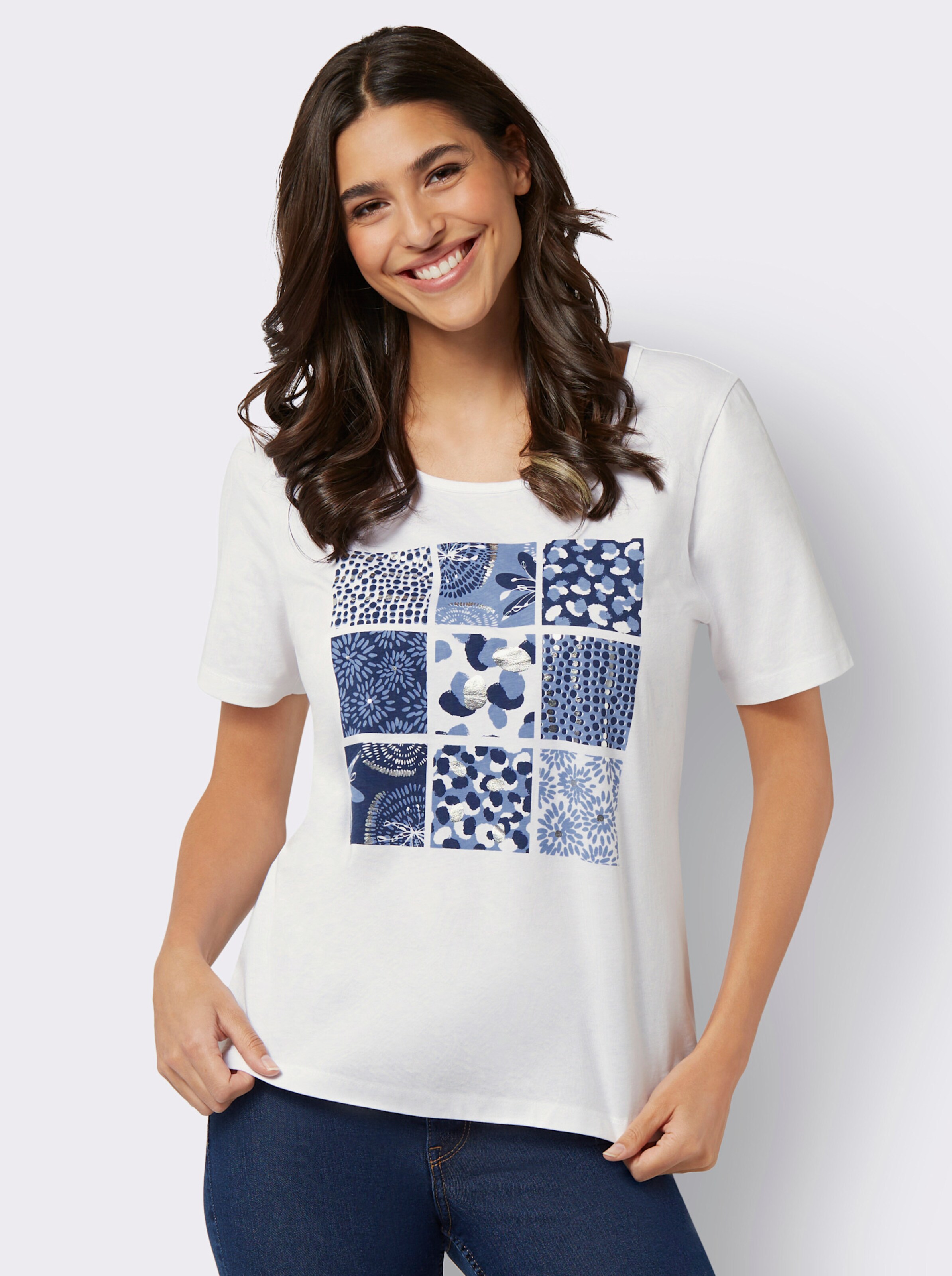 Rundhalsshirt mit silberfarbenem Folien-Print
