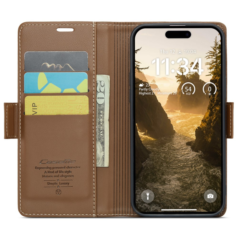 iPhone 16 Leder Tasche Flip Wallet Etui mit Kartenfächern Litchi Look (RFID Schutz) - Braun