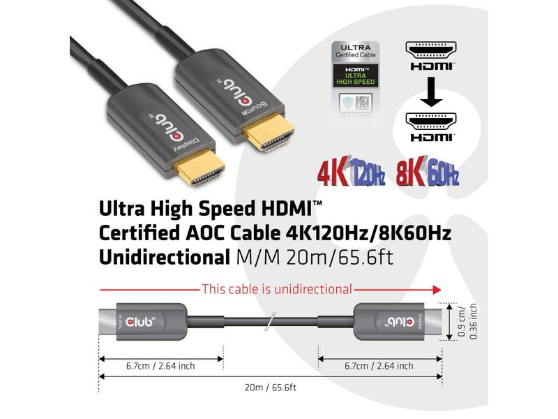 Club 3D Optisches Kabel CAC-1379 4K120Hz/8K 60Hz HDMI - HDM Aktives optisches Ultra-High-Speed HDMI-Kabel mit 20 Metern Länge