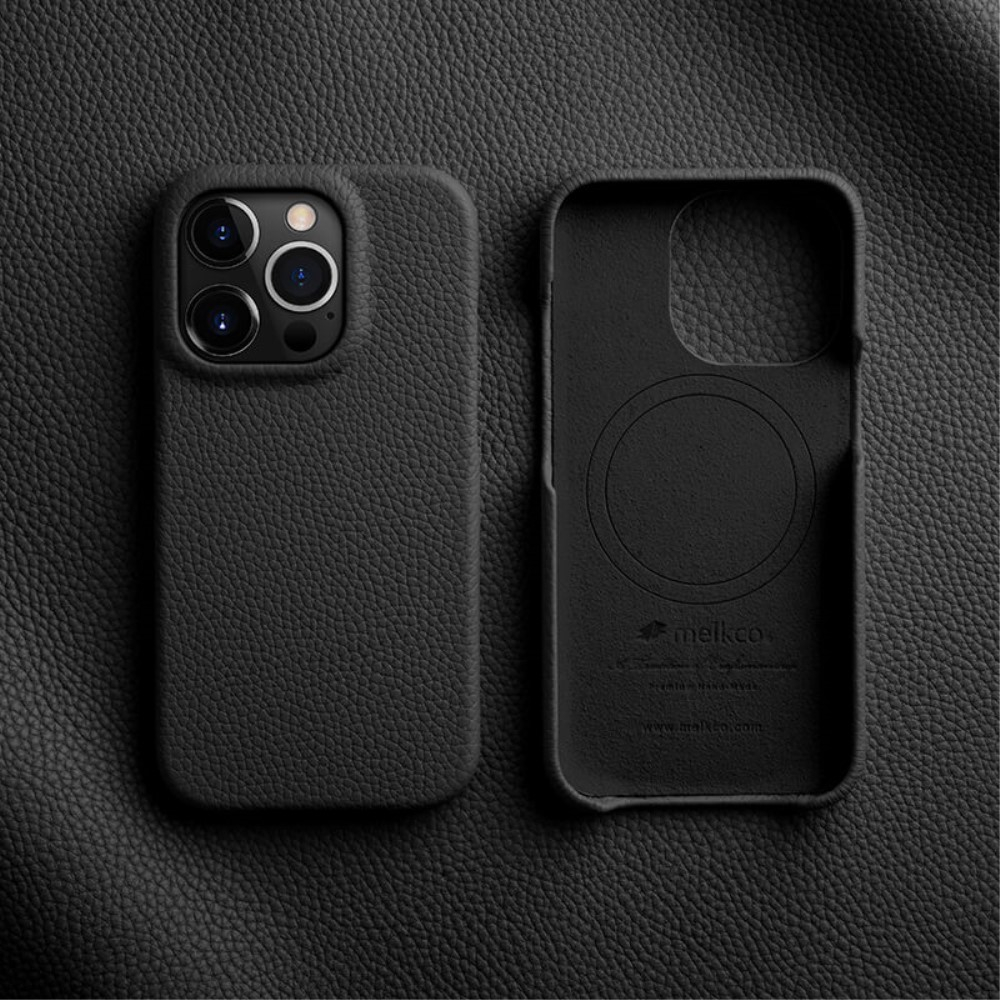 iPhone 14 Pro MagSafe Echtleder Hardcase Hülle Litchi Look - Schwarz