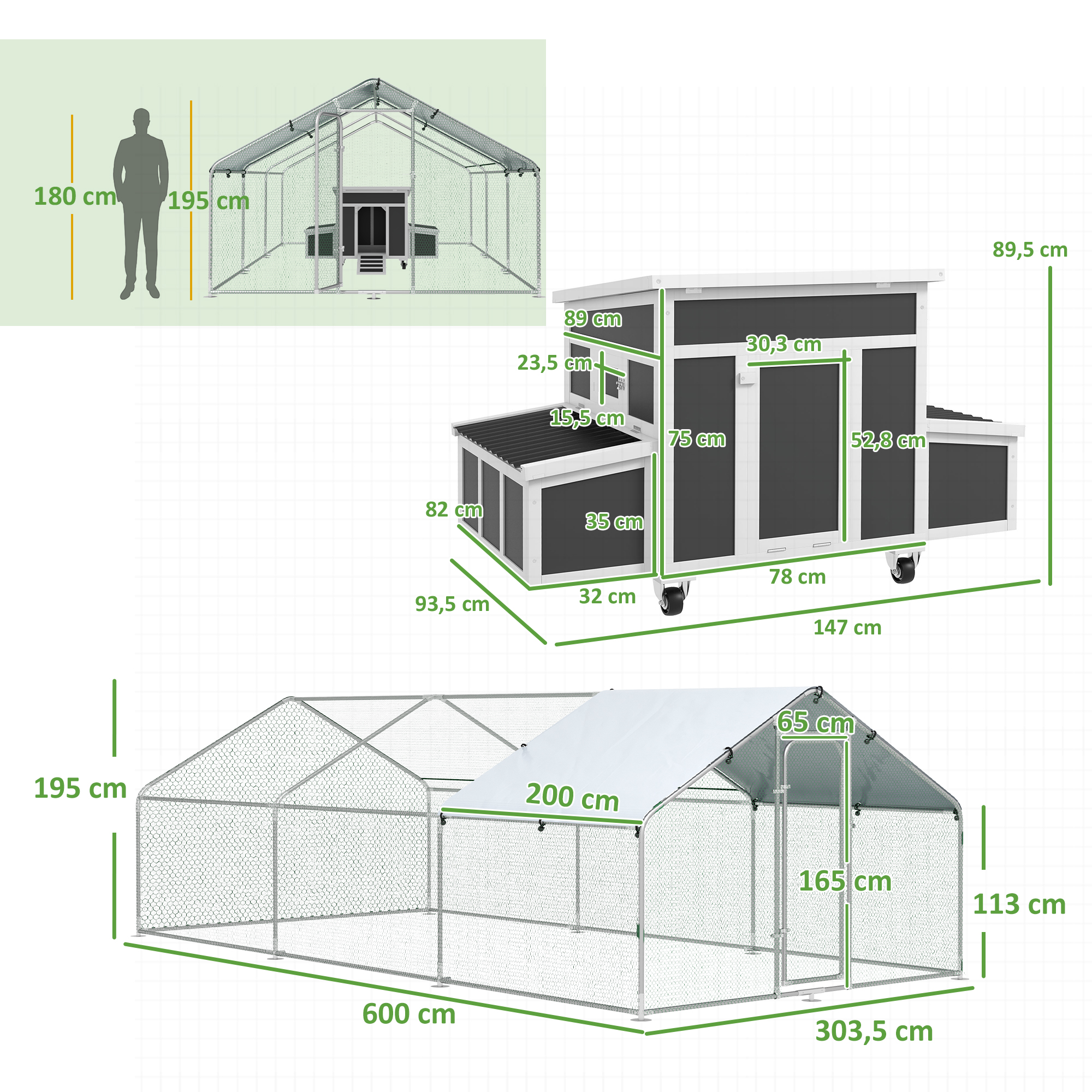 Conjunto PawHut com 1 galinheiro de madeira com bandeja removível e poleiros (147x93,5x89,5 cm) e 1 galinheiro grande de metal galvanizado para exterior (3x6x2 m).