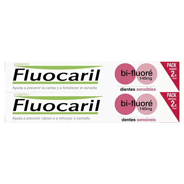 Creme dental Fluocaril Bi-Fluoride 145mg para dentes sensíveis, embalagem com 2 unidades de 75ml