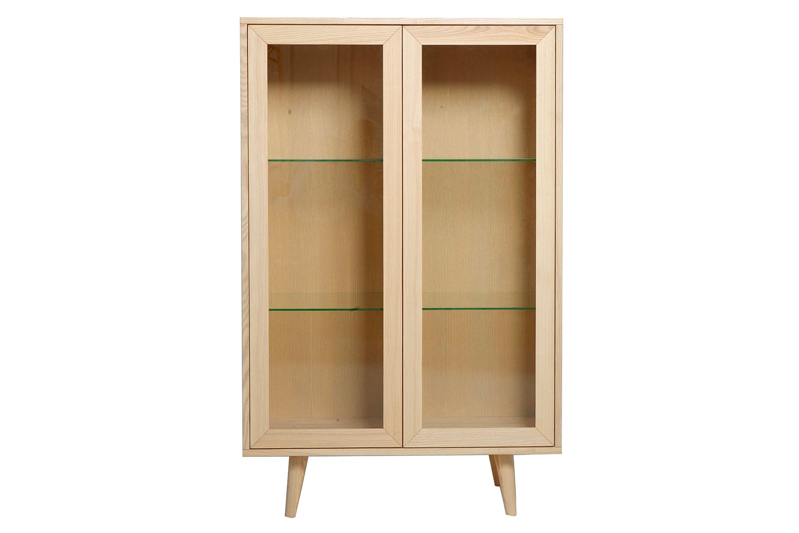 Woodcraft lavt vitrineskap Hvitoljet heltre ask med glassdører og ben nr. 2