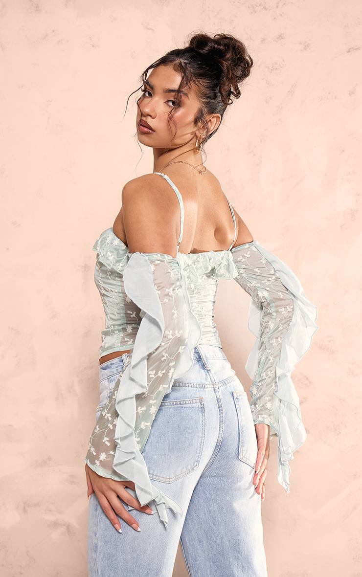 Vert Sauge Corset Bardot Baleiné À Volant Avec Détail Appliqué Tissé Et Fermeture À Crochets
