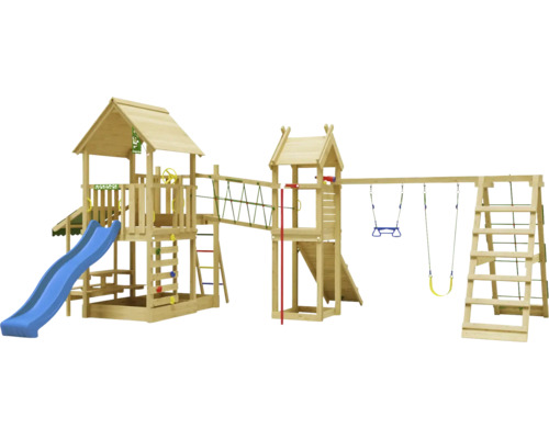 Dubbele schommel speelhuis met palen Jungle Gym 652 x 464 cm hout bruin
