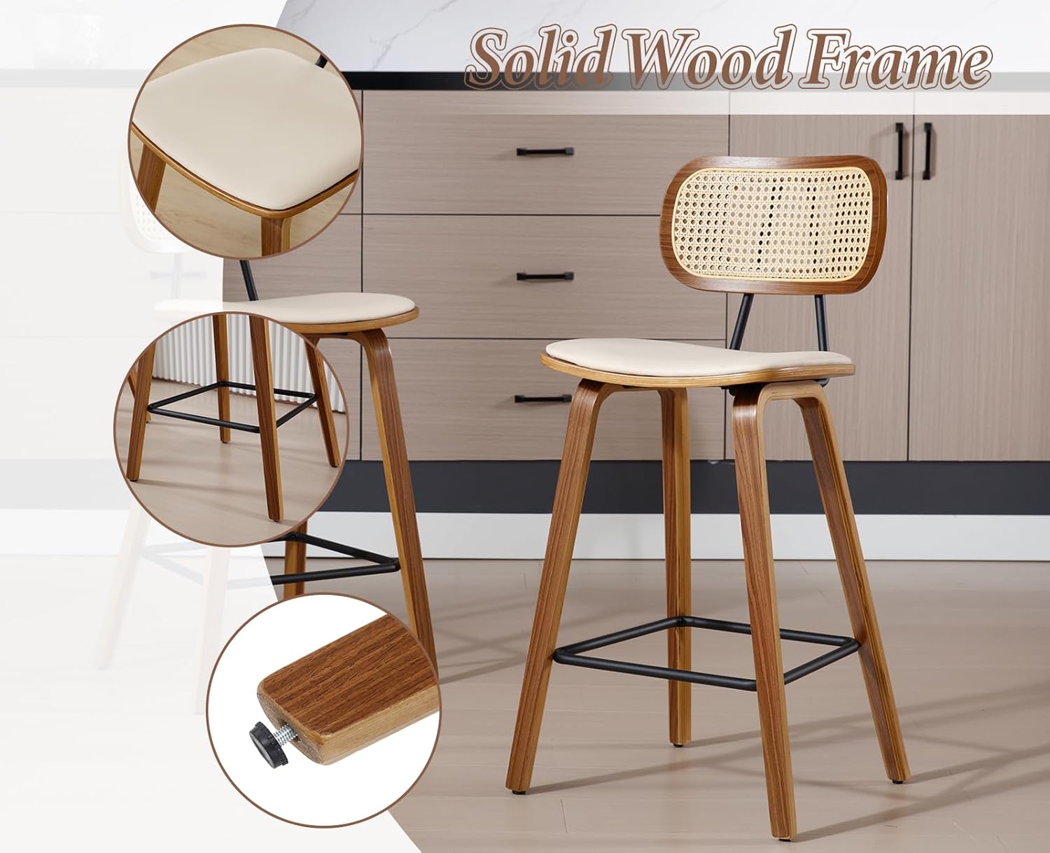 chairus 2er Set Rattan Barhocker für Küche Barstuhl Thekenhocker PU Leder Frühstück Hochhocker mit Holz Beinen für Esszimmer Wohnzimmer (Beige)