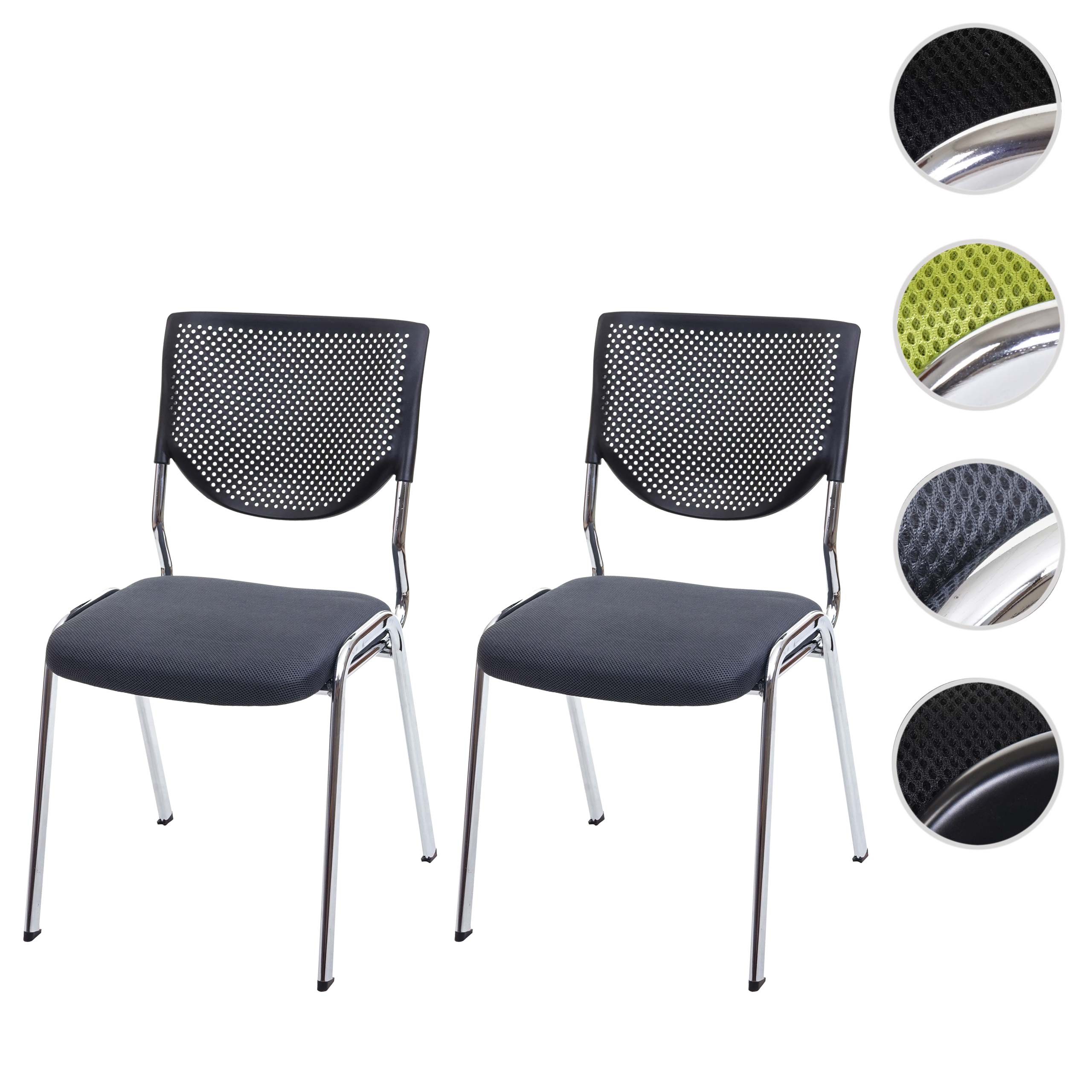 2er-Set Besucherstuhl H401, Konferenzstuhl stapelbar, Stoff/Textil ~ Sitz dunkelgrau, Füße chrom