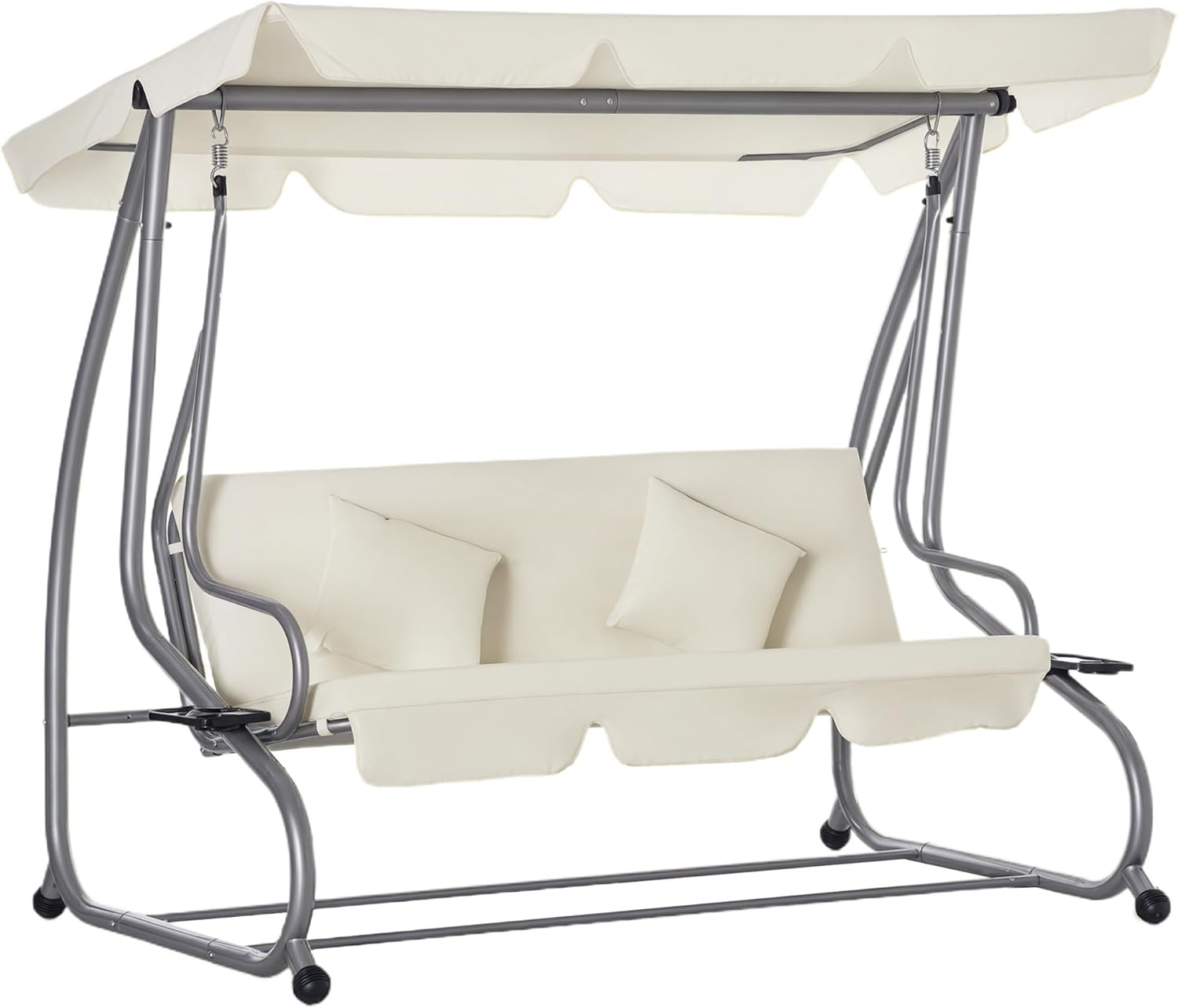 Outsunny Schaukelstuhl 3-Sitzer Gartenschaukel Hollywoodschaukel mit Sitz- und Rückenlehnen Tablett Schwingbank Sitzbank Dachwinkel verstellbar Stahl Polyestergewebe 200 x 120 x 164 cm Beige