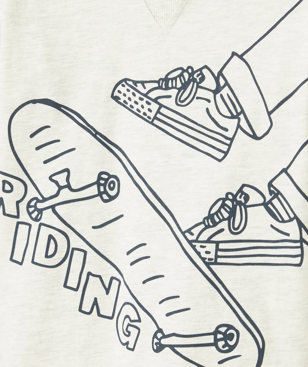 T-SHIRT À CAPUCHE GARÇON EN COTON BIO GRIS MOTIF SKATE ET MESSAGE