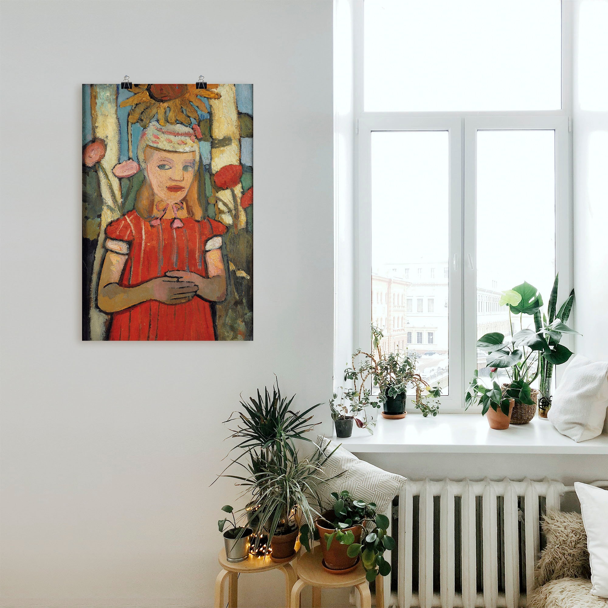 Artland Poster »Mädchen in rotem Kleid vor Sonnenblume.« Bilder von Kindern 1 Stk. tlg. als Alubild, Leinwandbild, Wandaufkleber oder Poster in versch. Grössen