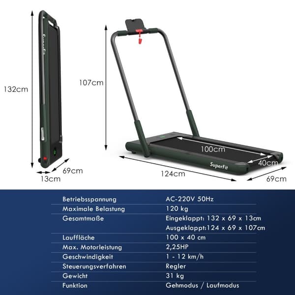 Elektrisk tredemølle 1-12 km/t LED-skjerm sammenleggbar treningssykkel Treningsmaskin 120 kg Navy