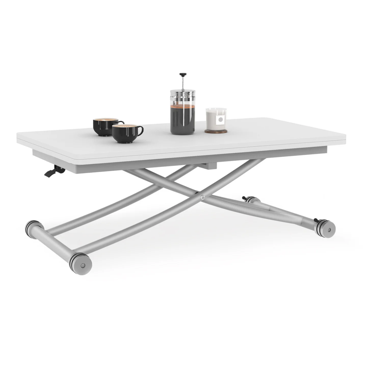 Table basse 2-en-1 relevable en table à manger 6-8 personnes plateau portefeuille URBANA plateau blanc pied chrome