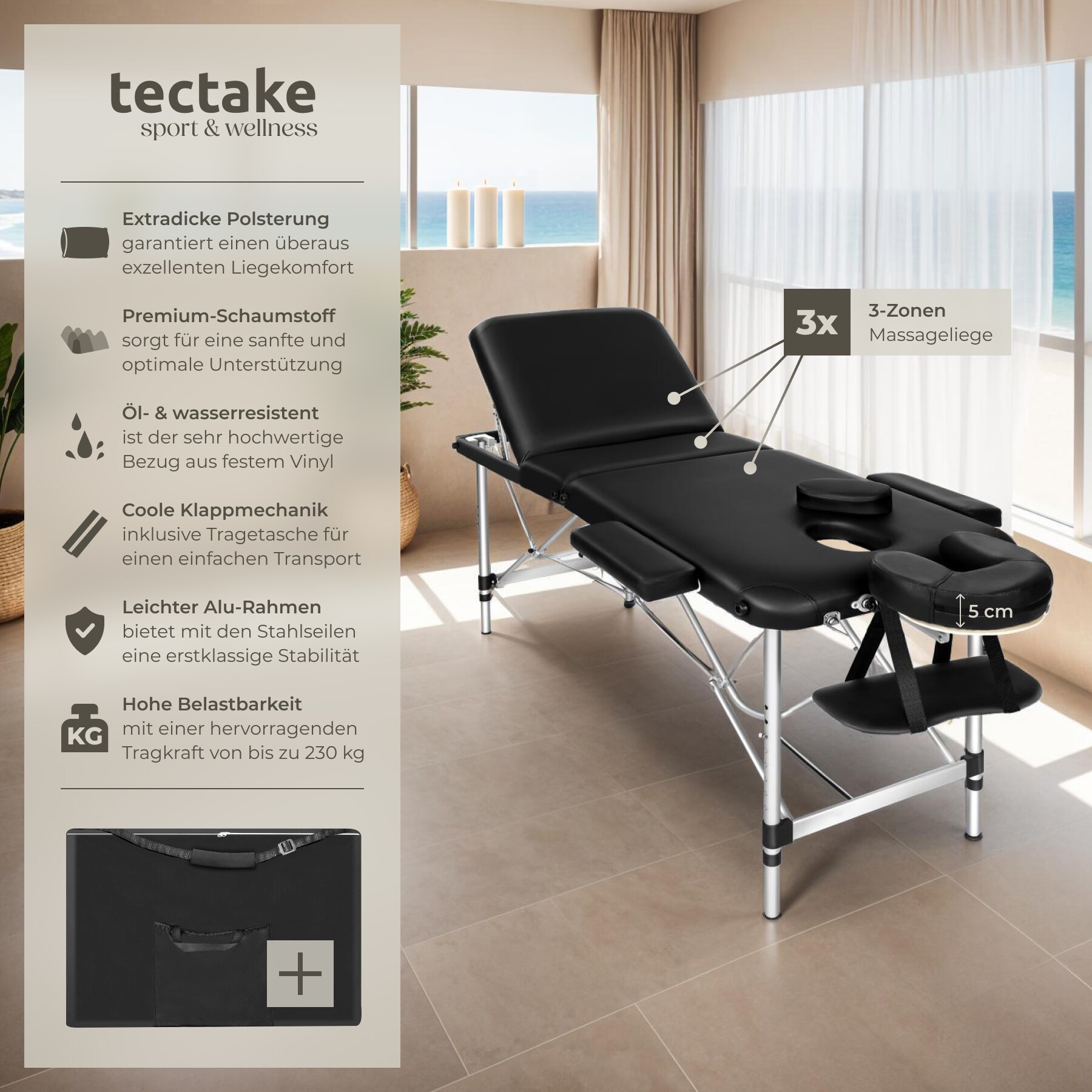 tectake® 3 Zonen Massageliege, mit Aluminiumgestell, verstellbare Ablagen für Kopf und Arme, 210 x 95 x 68 - 90 cm