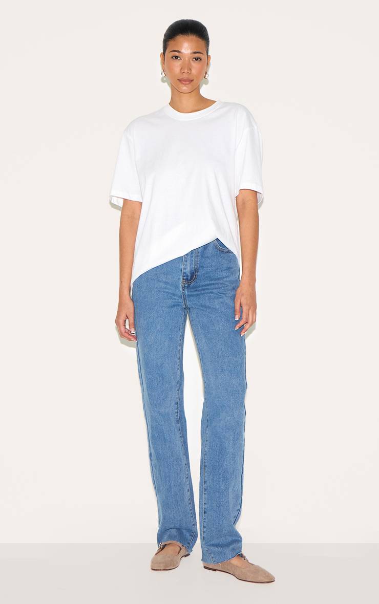 Mid Blue Wash Jean Droit À Ourlet Brut