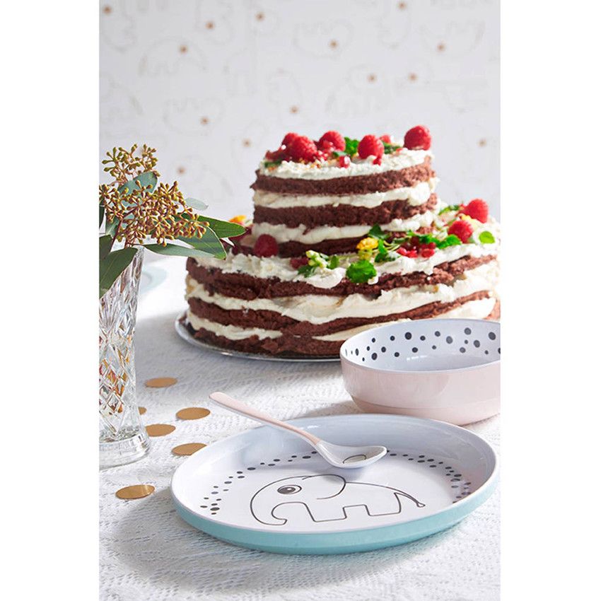 Assiette Yummy en mélamine Happy dots Blue - Ecru