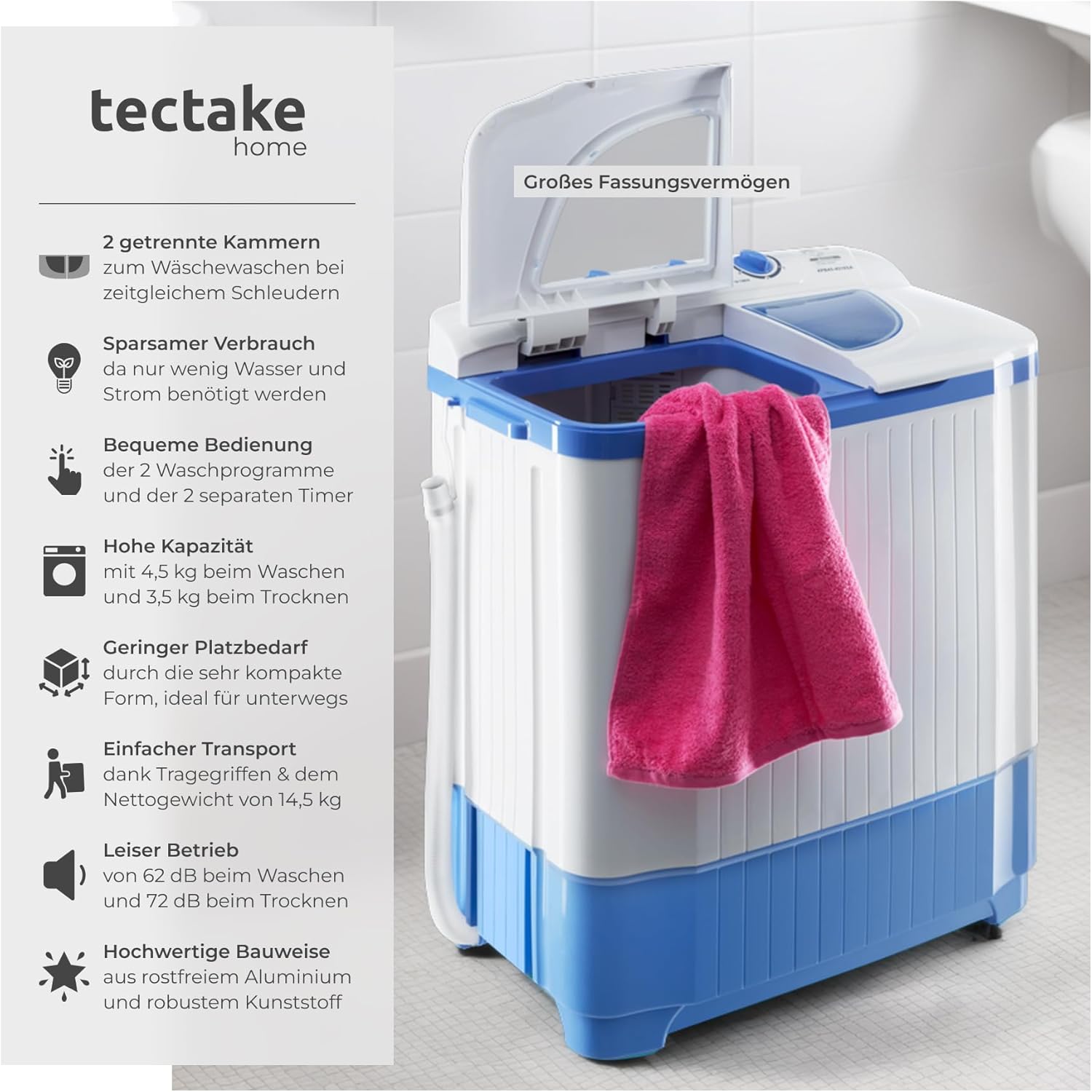 tectake® portable, mobile 4,5 kg Mini Waschmaschine + 3,5 kg Wäscheschleuder Kombination, Toplader für Camping und Reise, Toploader Reisewaschmaschine