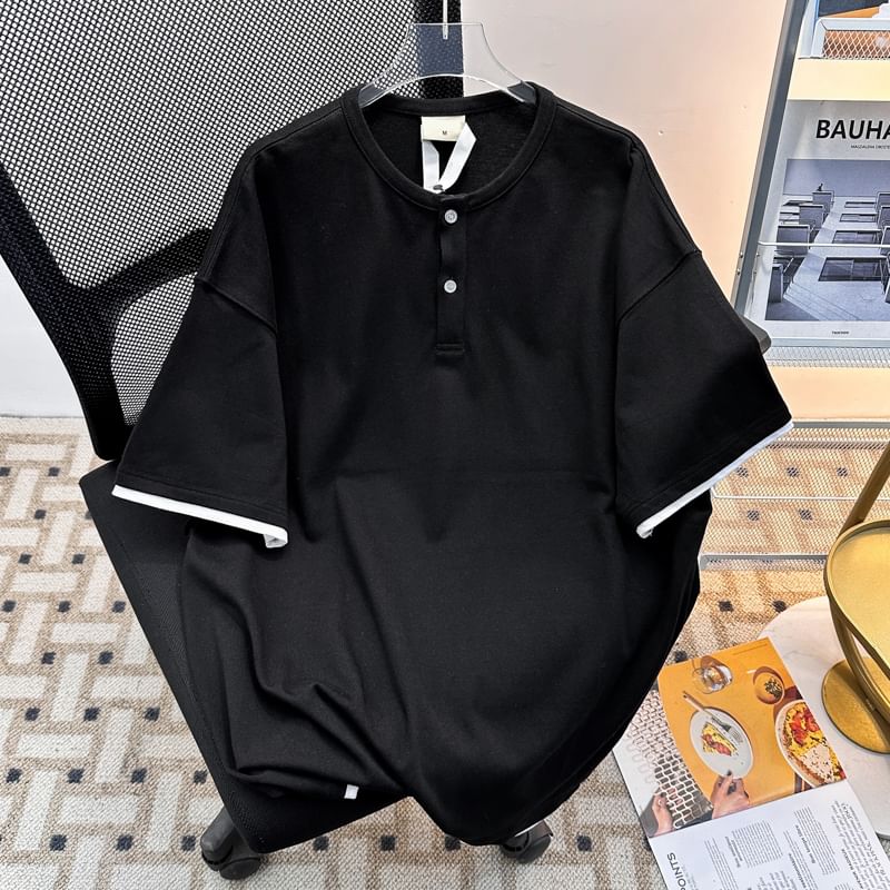 Plummie - Henley Plain Mock Two-Piece T-shirt met korte mouwen