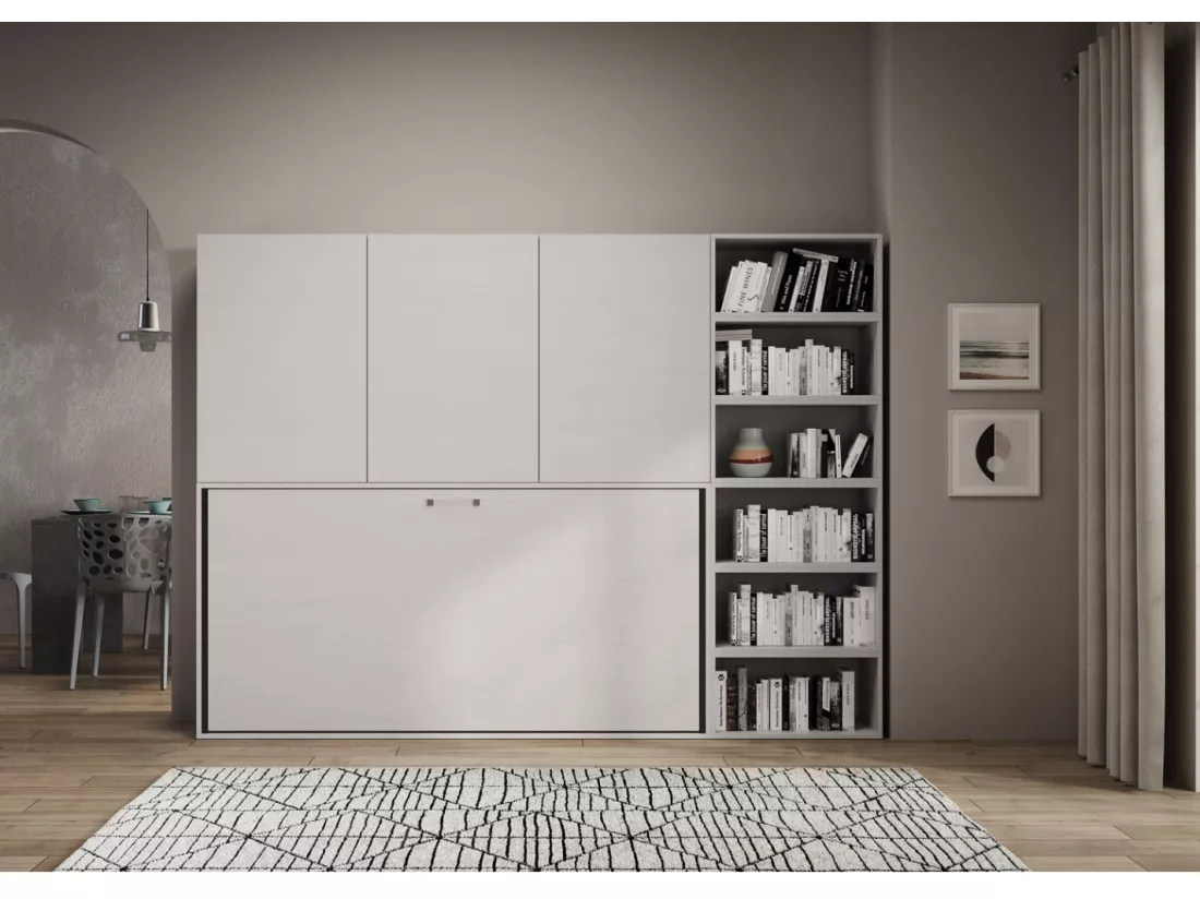 Lit escamotable horizontal blanc Bounto 85x185 avec rangement et bibliothèque composition G-1 matelas 85x185