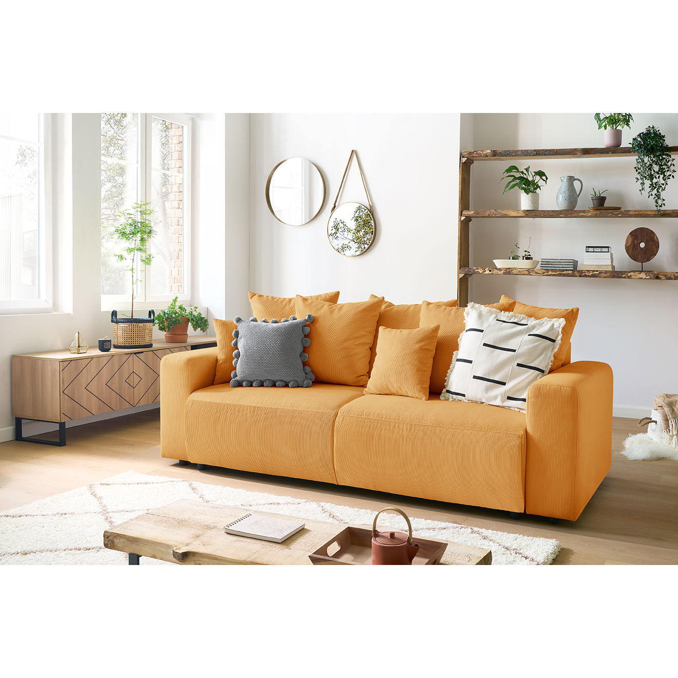 Bobochic Canapé 3 places convertible velours côtelé Envy jaune - 245x102x88 cm