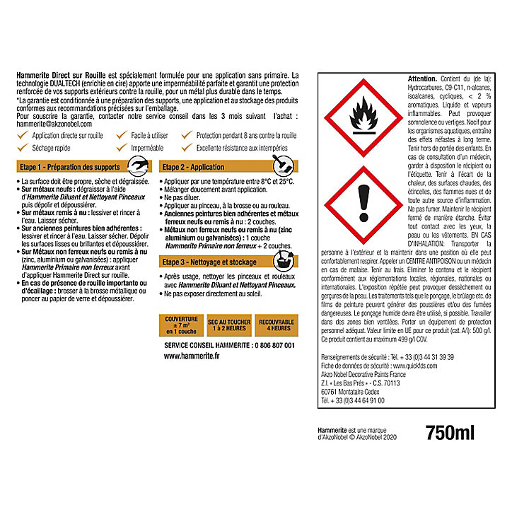 Peinture extérieure métal direct sur rouille Hammerite satin noir 0,75L