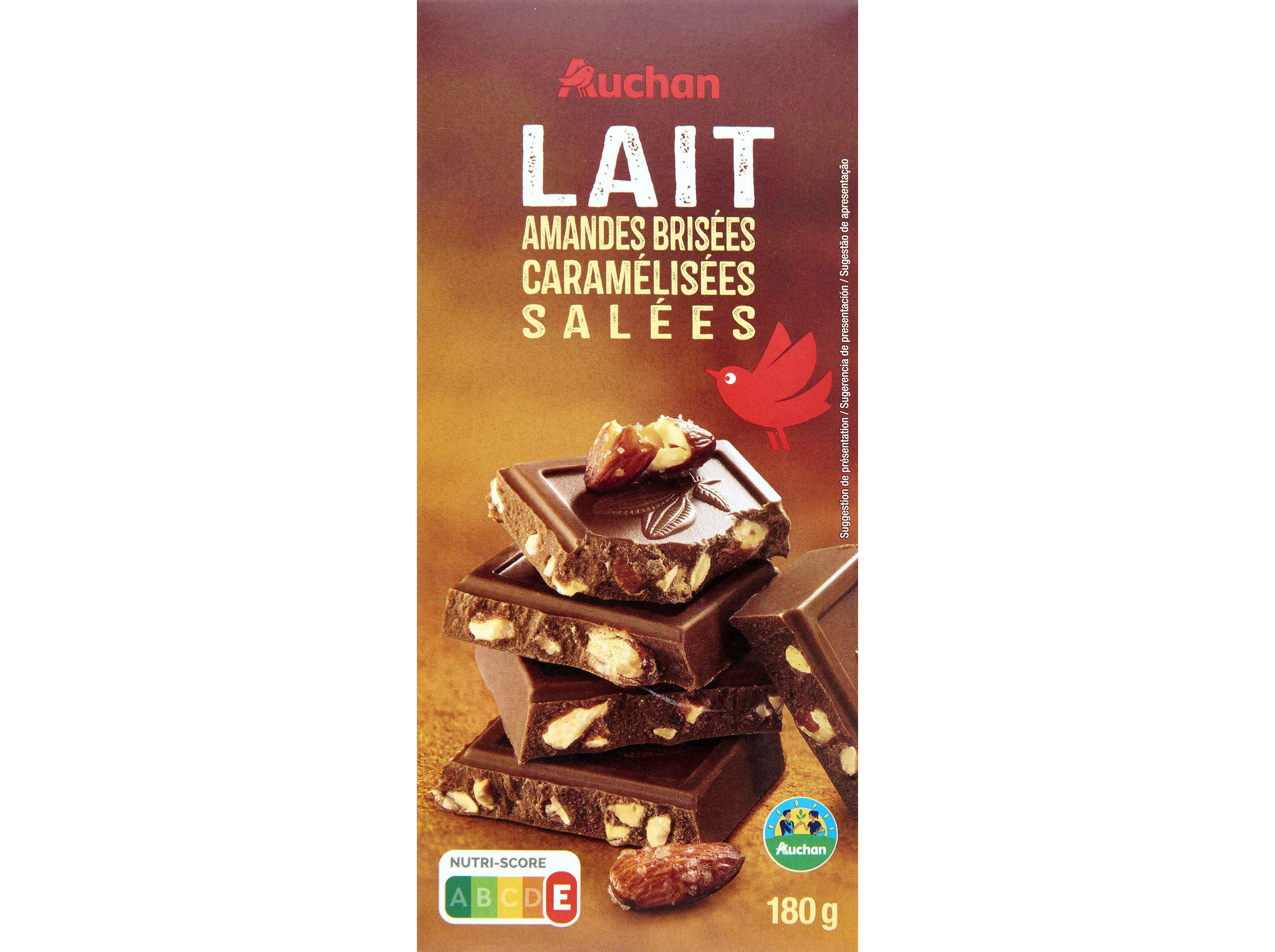 CHOCOLATE LEITE AUCHAN CULTIVAMOS O BOM COM AMÊNDOAS CARAMELIZADAS 180G