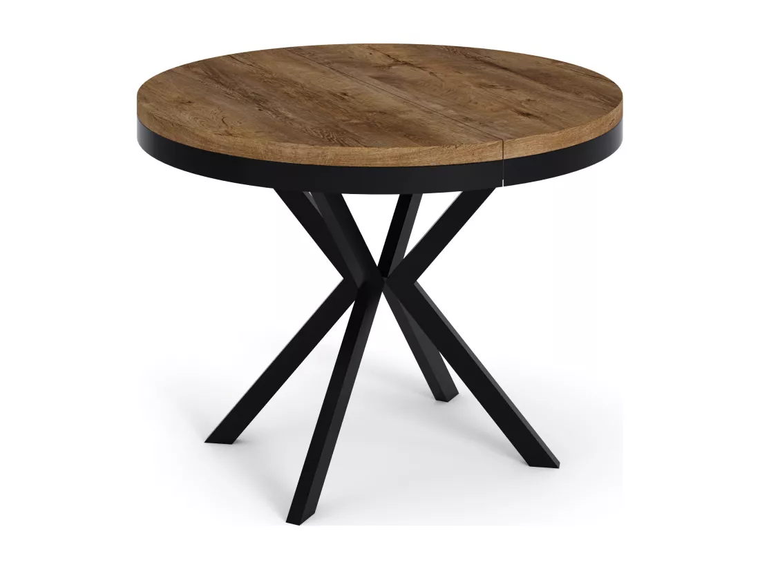 Table à Manger Extensible Ronde - Table Style Loft Avec Pieds En Métal - 100 à 180 Cm - Table Ronde Style Industriel Pour Le Salon - Compacte - Chêne Lefkas/noir -