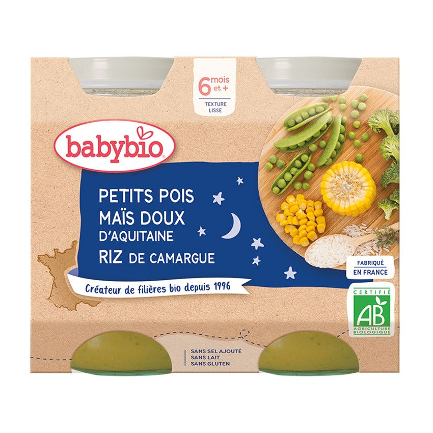 Petit pot Bonne Nuit petit pois maïs et riz bio - 2x200g - Doré