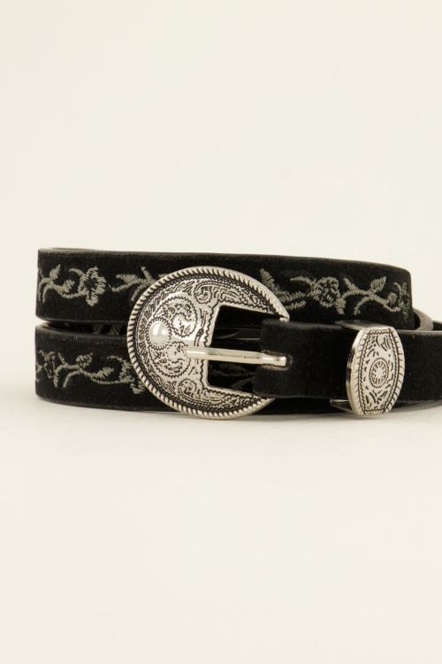 Zwarte riem met embroidery en zilverkleurige gesp