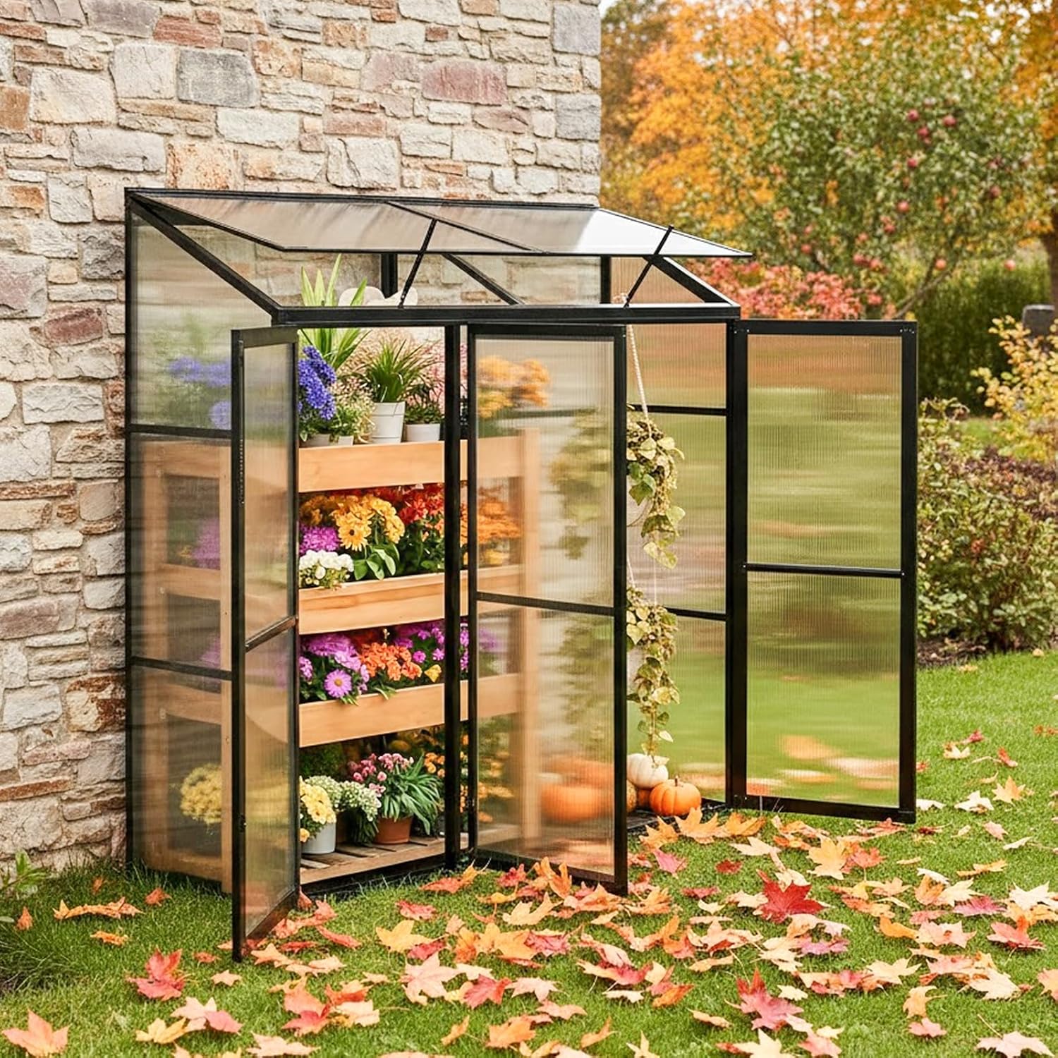 Anlehngewächshaus Aluminium Beistell-Gewächshaus (Schwarz) – 180x54x190cm, 3 Türen & 2 Oberlicht, geeignet für Zitronenbaum-Töpfe, Chrysanthemen & weitere Pflanzen, Greenhouse