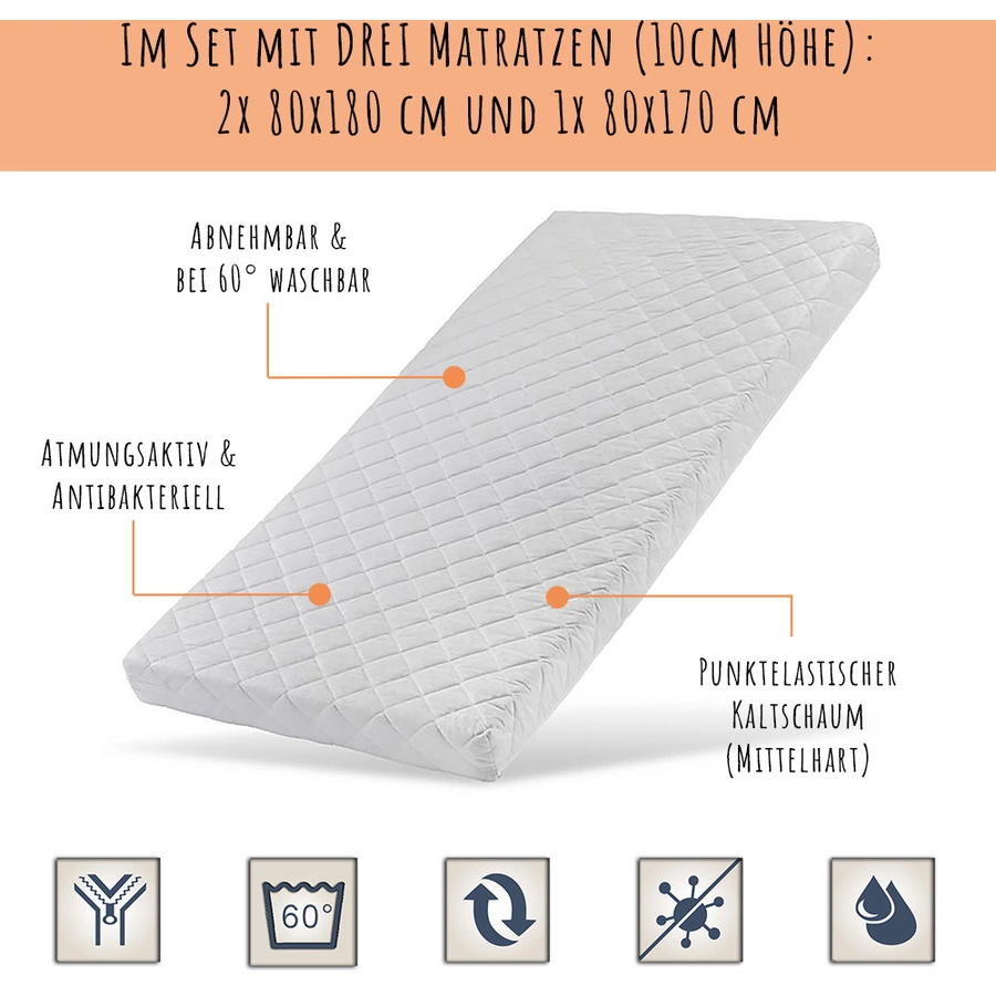 Kids Collective Hochbett 80x180 | 90x200 mit Ausziehbett Etagenbett mit Ausziehfunktion, Schubladen weiß mit 3 Matratzen