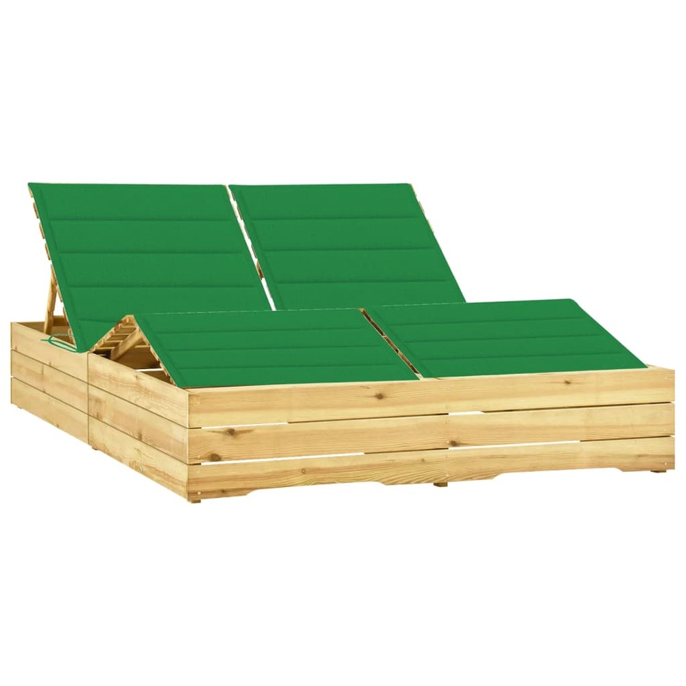 Transat chaise longue bain de soleil lit de jardin terrasse meuble d'extérieur double et coussins vert bois de pin imprégné 0