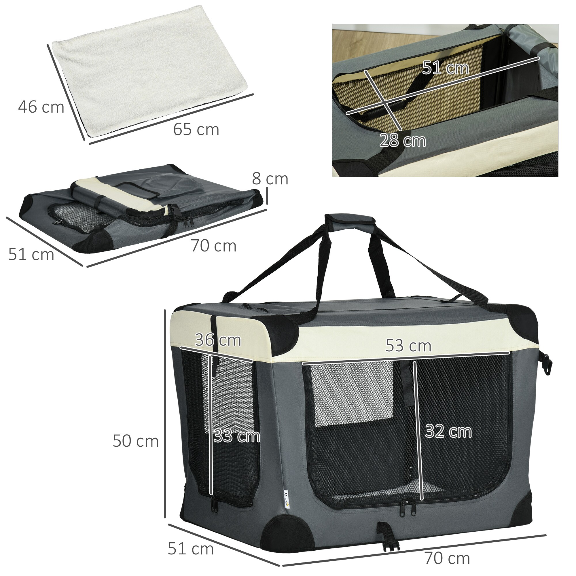 PawHut Tragetasche mit Kissen grau, schwarz 70L x 51B x 50H cm
