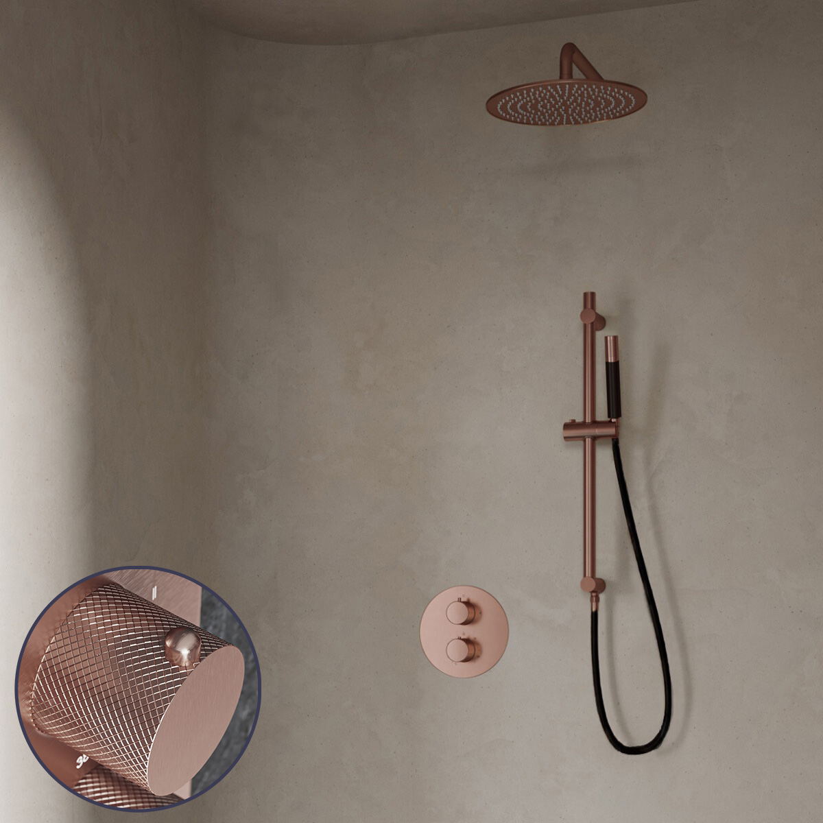 Saniclear Copper Curved Pro inbouw regendouche rond met 20cm hoofddouche, muurarm en glijstang geborsteld koper