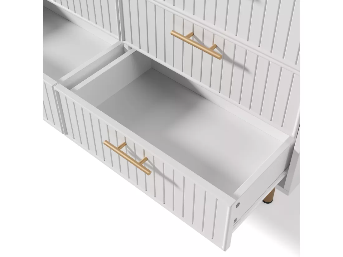Commode avec 6 tiroirs, 120 x 40 x 75 cm, Panneaux de particules + métal, Motif rayures verticales, Blanc