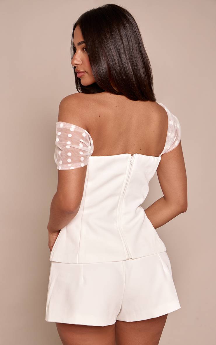 Blanc Top Corset Bustier Petite À Pois En Mesh Contrasté Ensemble Coordonné