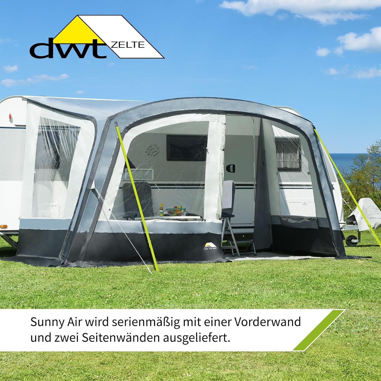 DWT aufblasbares Sonnendach für Wohnwagen - Sunny Air - inkl. 1 x Vorder- und 2 x Seitenwand - 300/400 cm x 250 cm Tiefe - Air-In-System, Breite x Tiefe:300 x 250 cm