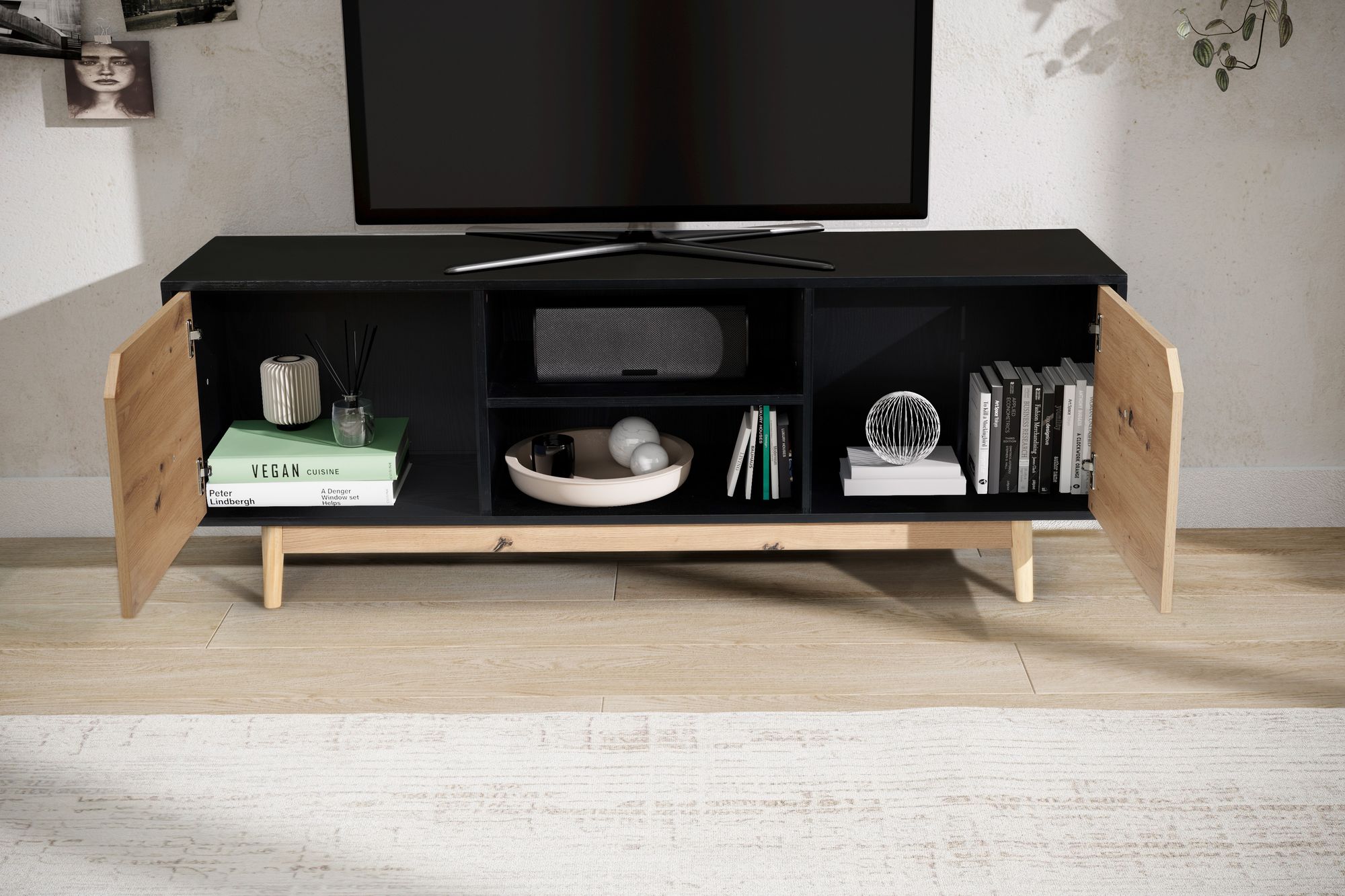 Lowboard FineBuy TV Schrank 150 cm Fernsehkommode Fernsehschrank Schwarz Eiche