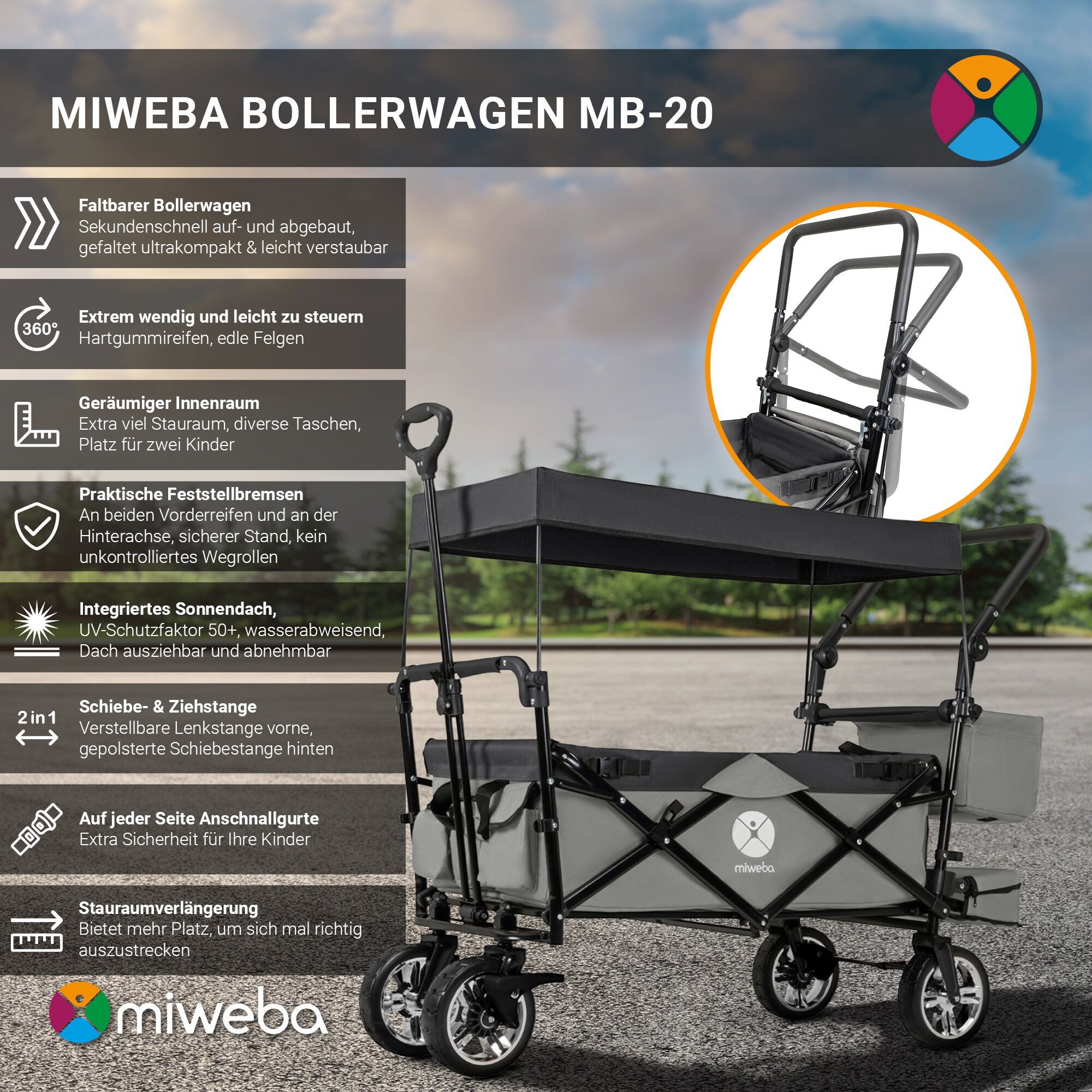 Miweba Bollerwagen MB-20 faltbar, Sonnendach, Schiebe- und Zugstange, Stauraumverlängerung, 360°-Räder (Hellgrau/Dunkelgrau)