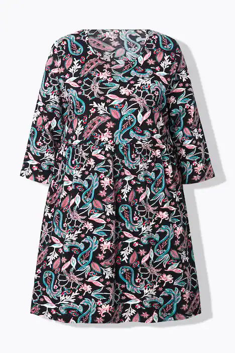 Jerseykleid, Paisley, A-Linie, Tunika-Ausschnitt, 3/4-Arm, schwarz