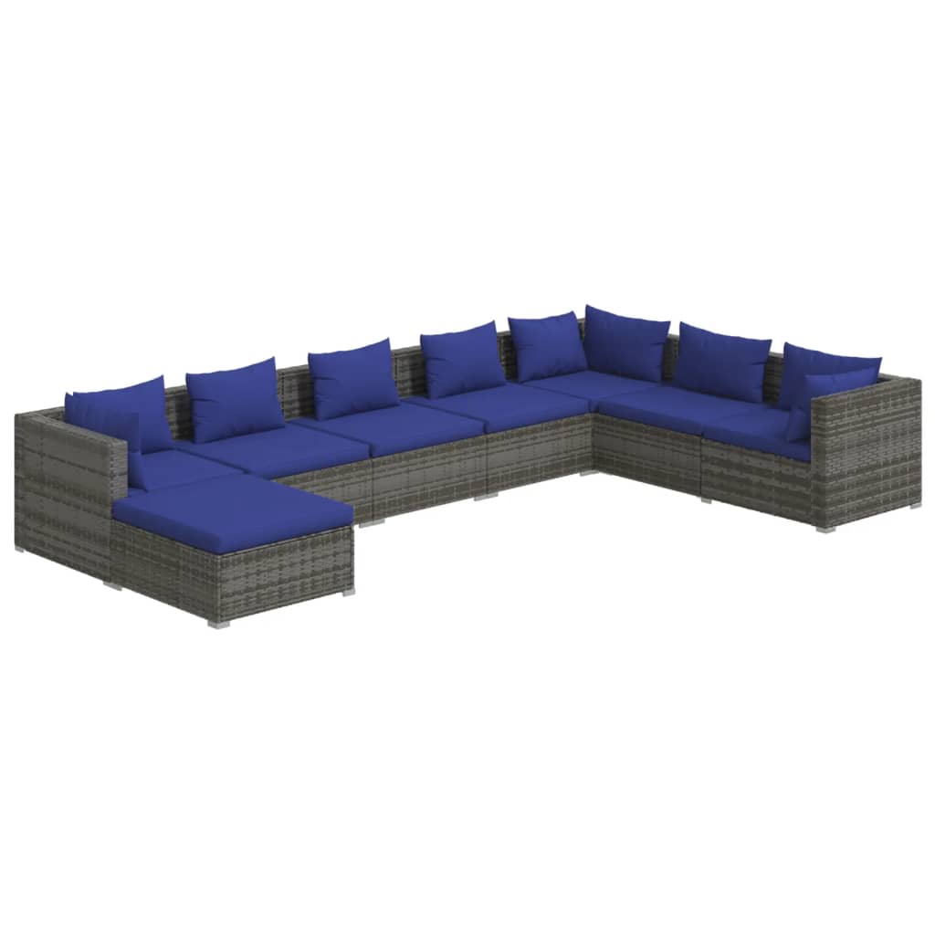 Salon de jardin meuble d'extérieur ensemble de mobilier 8 pièces avec coussins résine tressée gris