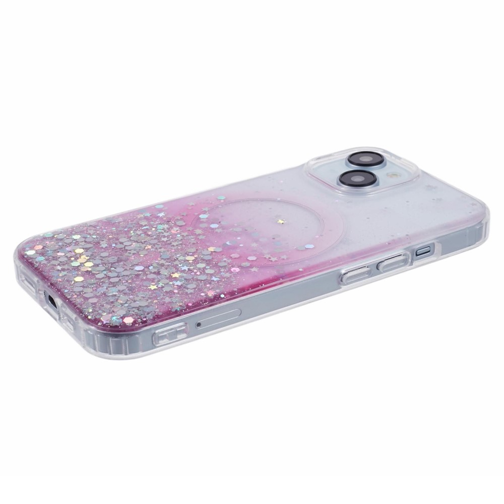 iPhone 15 MagSafe Hülle mit Acryl Rückseite und Farbverlauf im Glitzer Design - Rosa