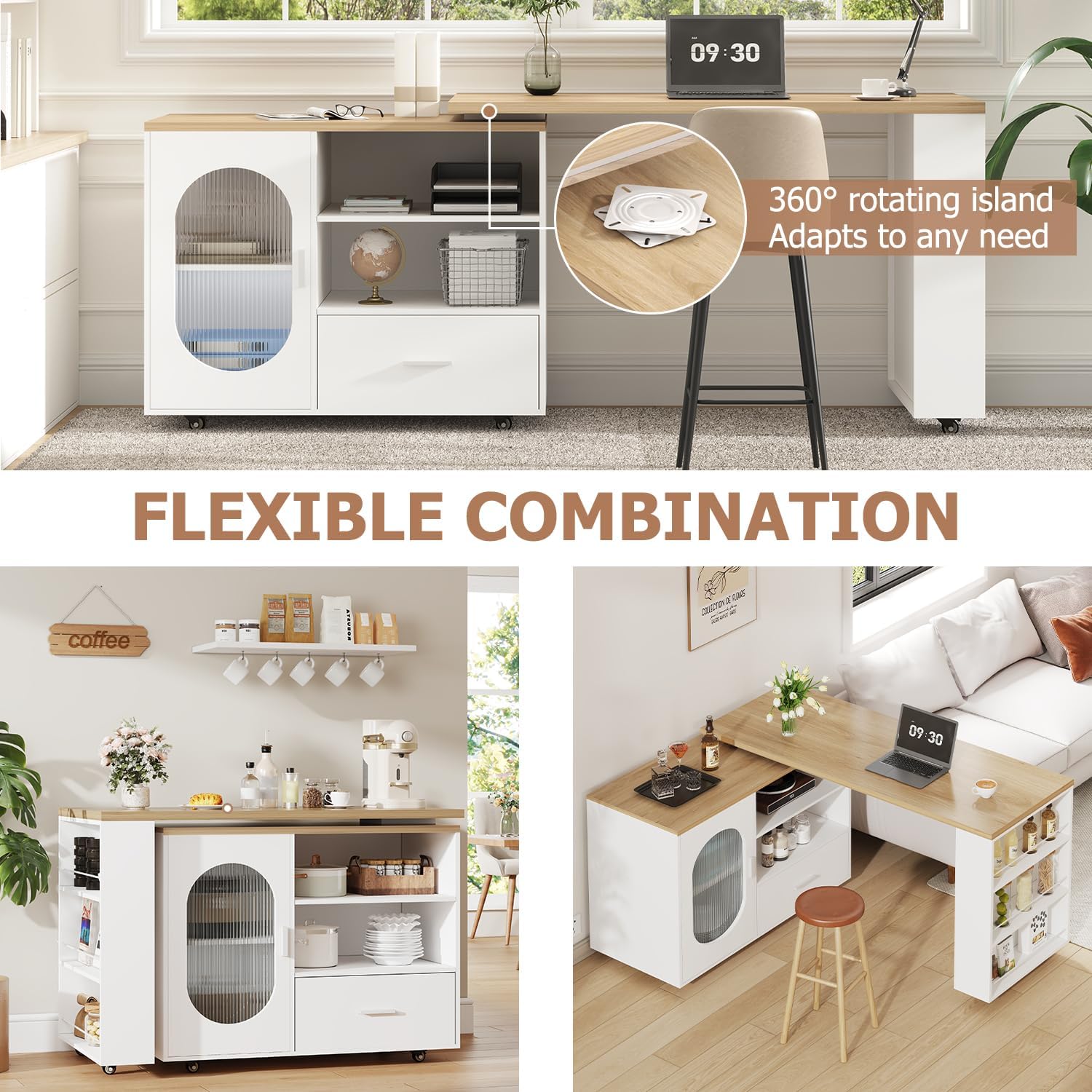 IBF Kücheninsel Freistehend mit Arbeitsplatte Auf 7 Rollen Küchenschrank Küchenwagen Moderne Mobile Kücheninsel Mit 360 Grad Drehbarer Holzplatte und Schublade Für Esszimmer Weiß 184 cm