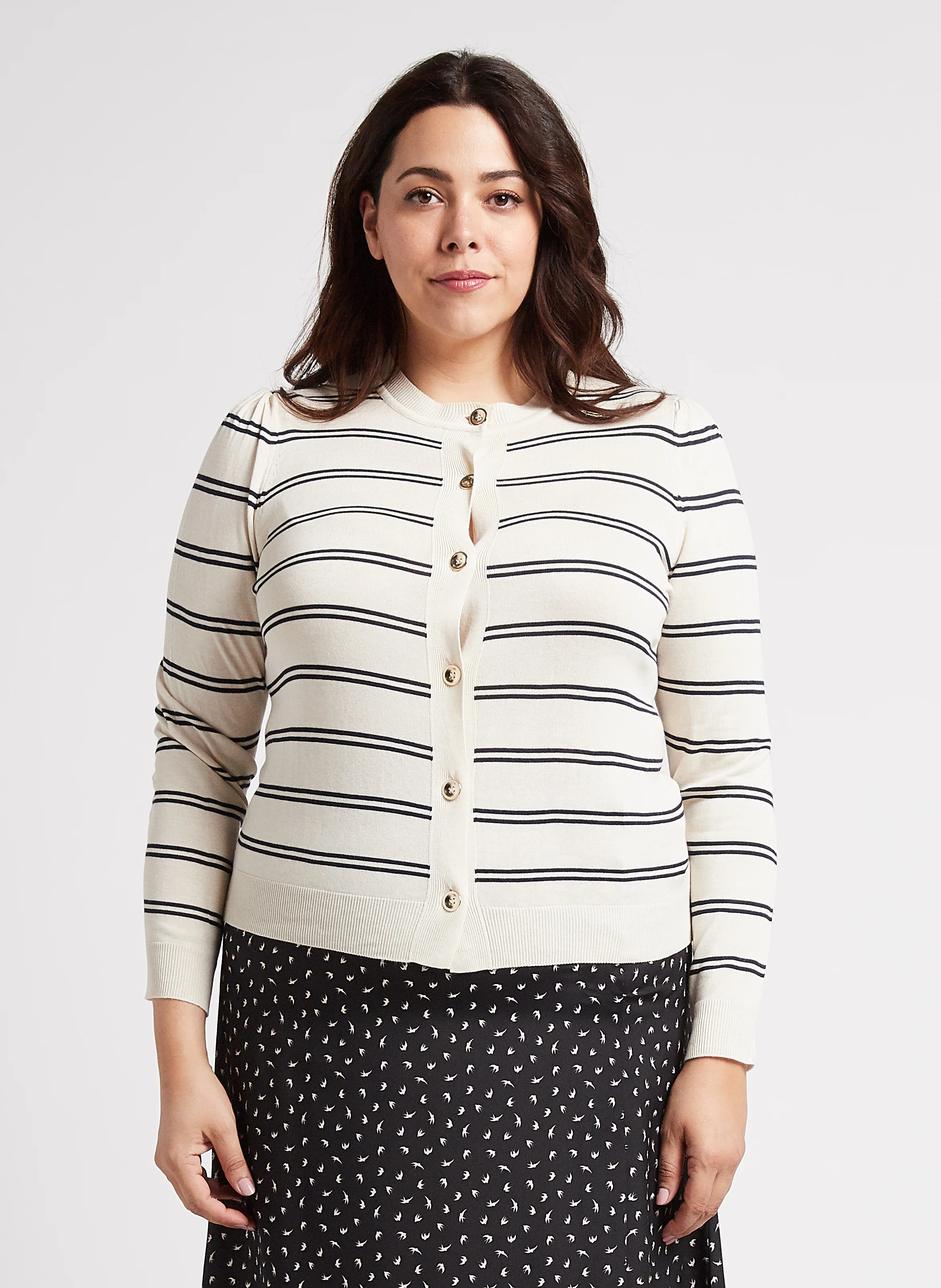 MARILU - Gilet col rond rayé en maille| Beige