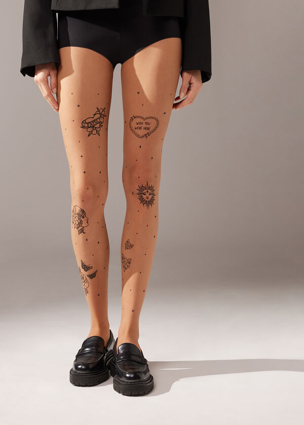 Meia-calça transparente 20 denier com estampa de tatuagem old school