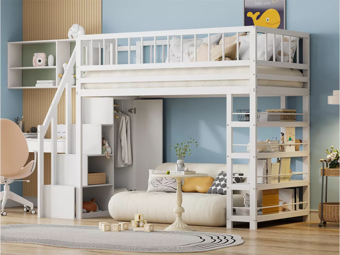 Lit mezzanine 90x200 cm - avec étagères et échelle de rangement - en bois massif - Blanc