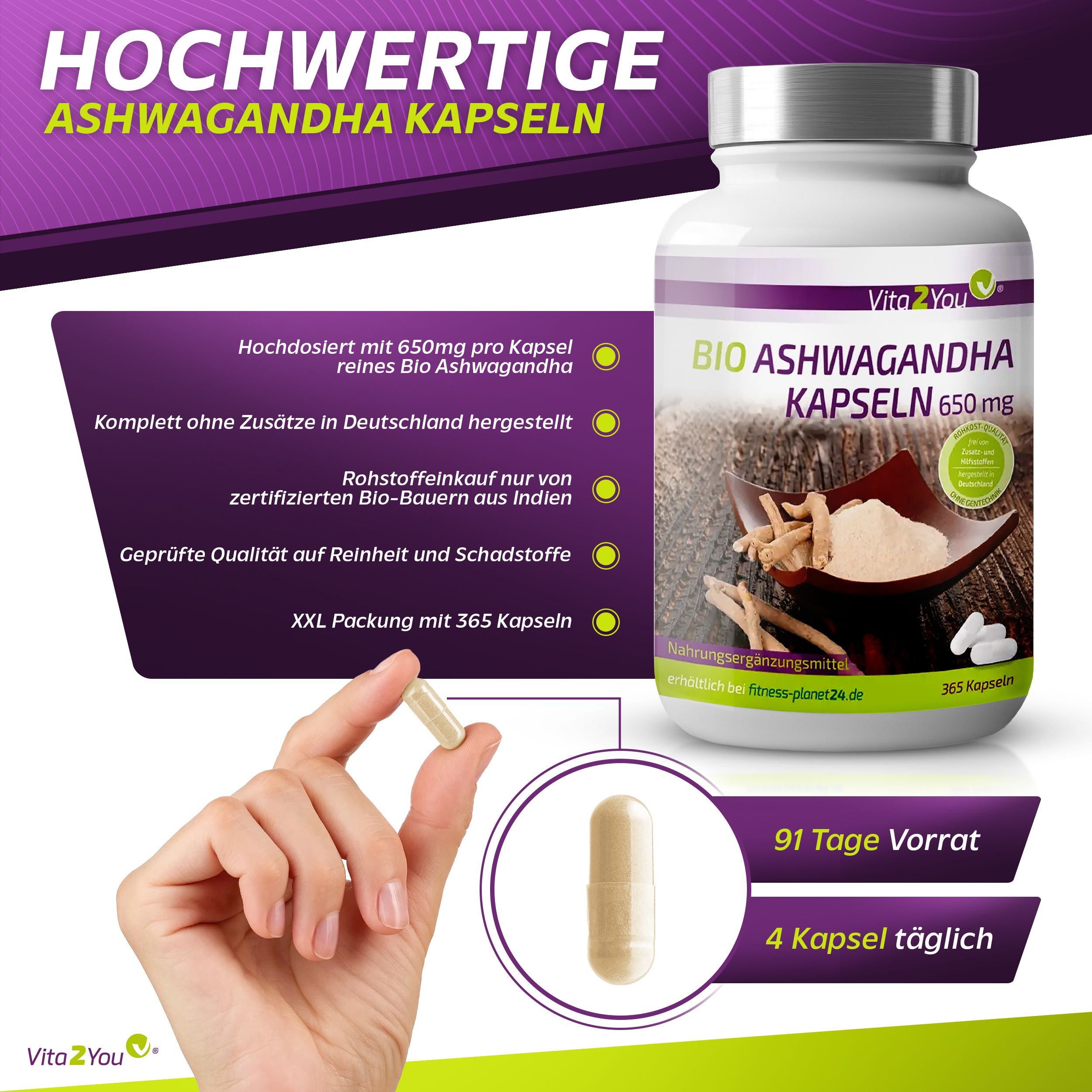 Vita2You Bio Ashwagandha Kapseln 650mg