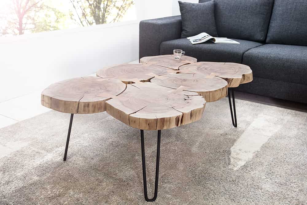Design Couchtisch GOA 110cm Akazie Baumstamm Scheiben 4cm Tischplatte Massivholz