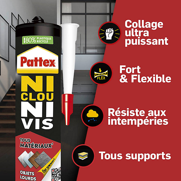 Colle de fixation Pattex Ni clou ni vis tous matériaux blanc 460g